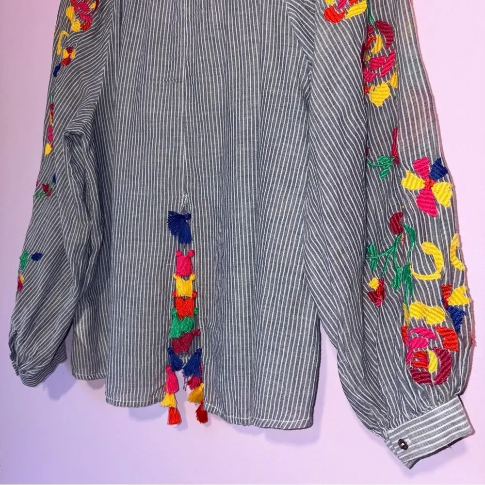 Anthropologie Floreat Blouse Soleil Embroidered Tassel Colorful Boho Women XS - Picture 9 of 9